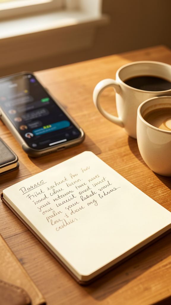 A small business owner's desk with notes, coffee, and a phone