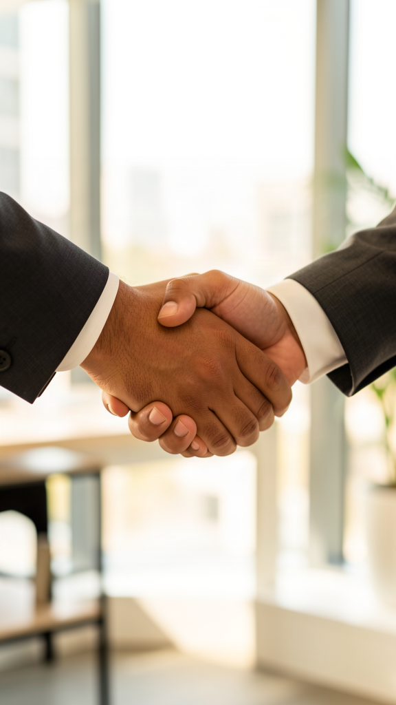 Two people shaking hands in a bright office