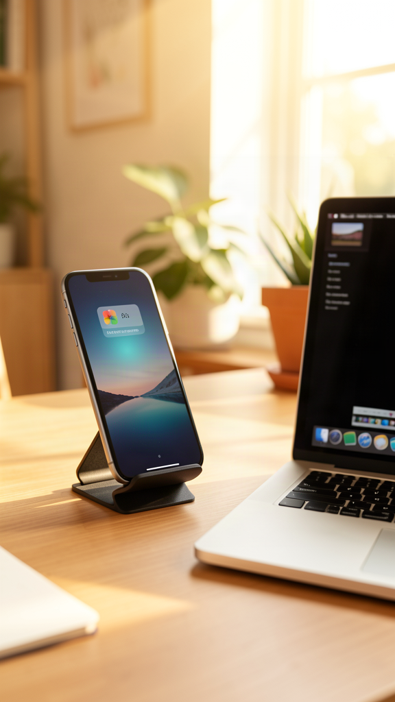 A phone on a desk stand showing a notification glow